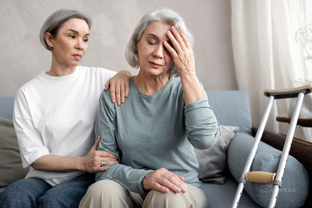 An elderly woman sits on a couch and holds her head in her hand, while another woman sits next to her with her hand on her shoulder