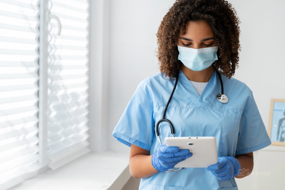 A young woman with curly hair is wearing a blue scrubs top and a white face mask. She is wearing blue gloves and holding a white tablet. A stethoscope is around her neck. A window with blinds is in the background. She is smiling.