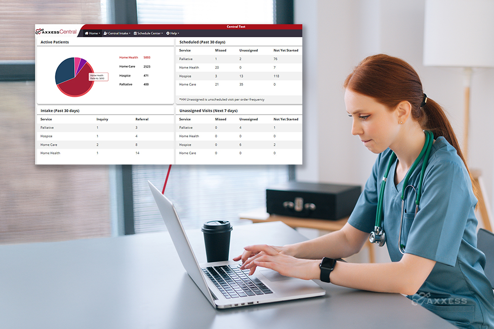 A&nbsp;medical&nbsp;professional&nbsp;in&nbsp;scrubs&nbsp;works on&nbsp;a&nbsp;laptop,&nbsp;the&nbsp;Axxess&nbsp;Central&nbsp;dashboard&nbsp;illuminating&nbsp;the&nbsp;screen&nbsp;with&nbsp;a&nbsp;comprehensive&nbsp;display&nbsp;of&nbsp;patient&nbsp;information,&nbsp;from&nbsp;active&nbsp;cases&nbsp;to&nbsp;upcoming&nbsp;visits.