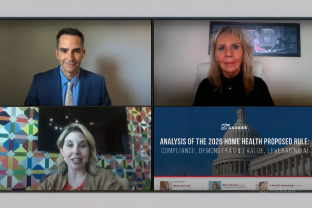 A split-screen image shows three people in a video conference call.