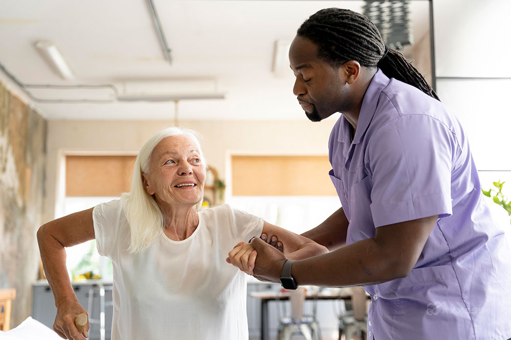A healthcare professional in a purple uniform assists an older adult with mobility support inside a bright, modern home setting. The caregiver is holding the person&rsquo;s arm to help with balance.