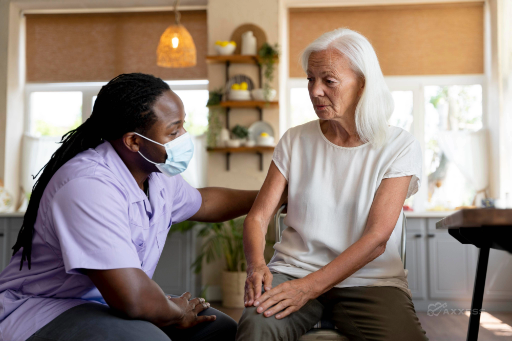 A healthcare professional in scrubs and a face mask provides supportive, compassionate care to an older adult in a bright home setting, gently holding their arm during a conversation. The scene highlights home‑based care, senior support and caregiver&ndash;patient connection.