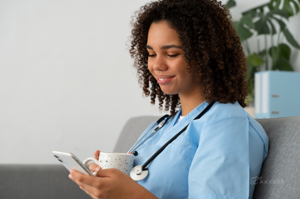 Healthcare professional in scrubs sitting on a couch, holding a mug and looking at a smartphone.