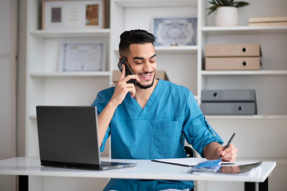 A healthcare professional wearing blue scrubs sits at a desk, talking on a smartphone while writing in a notebook. An open laptop, tablet, and papers are spread out on the desk, and shelves with binders, certificates, and decor are visible in the background.